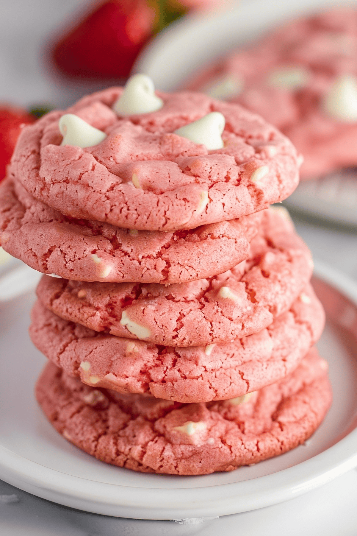 Strawberry cake mix cookies with white chocolate chips stack on top of each other