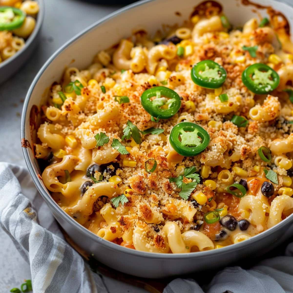 Baked Mexican Mac and Cheese with breadcrumbs
