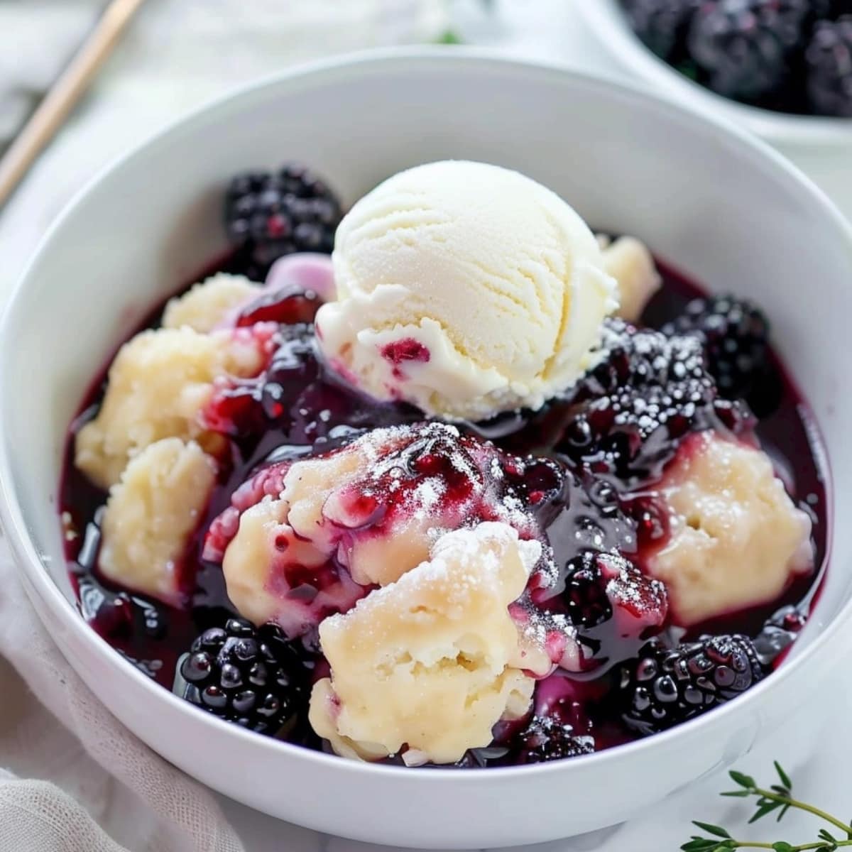 Blackberry dumplings in a white bowl garnished with scoop of vanilla ice cream on top.