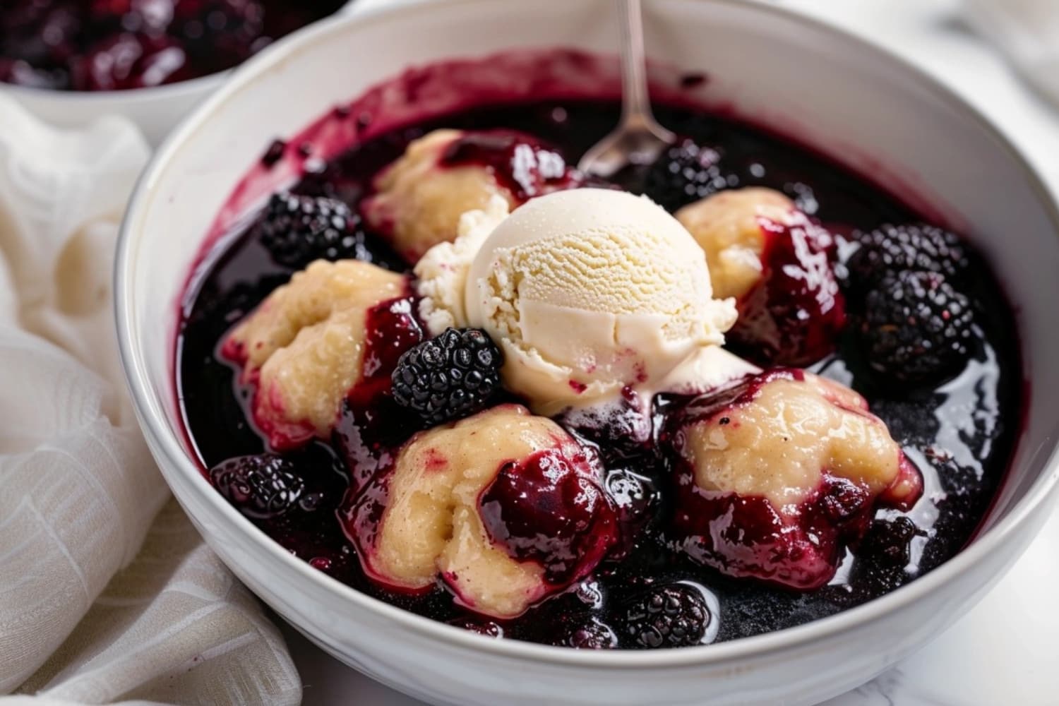 Blackberry dumplings in a white bowl topped with vanilla ice cream.