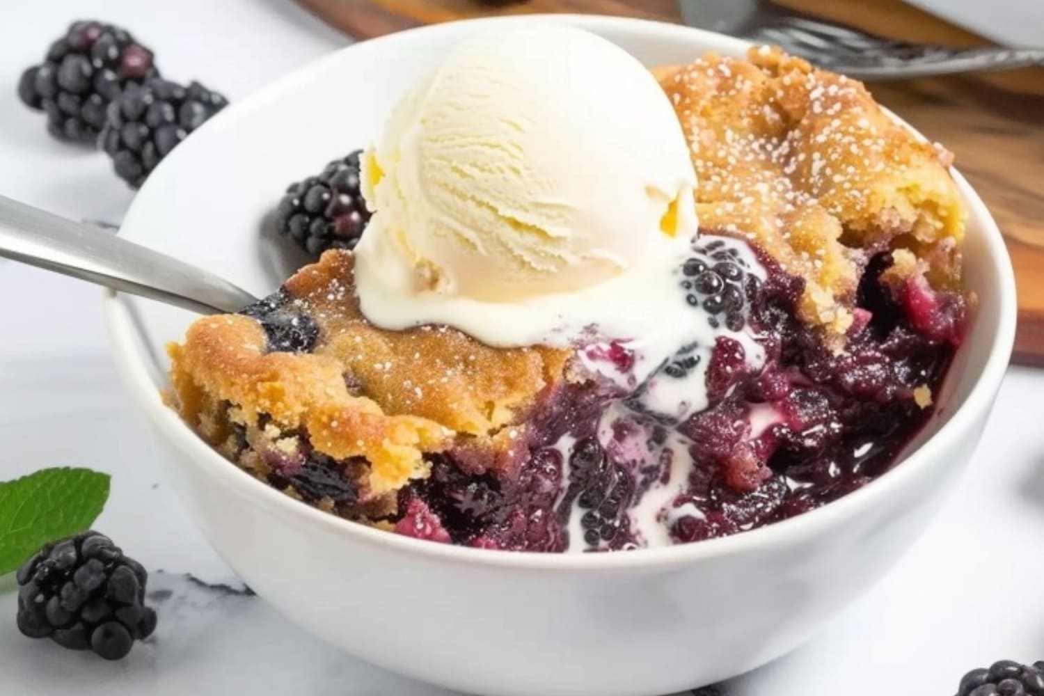 Blackberry dump cake served in a white bowl garnished with vanilla ice cream.