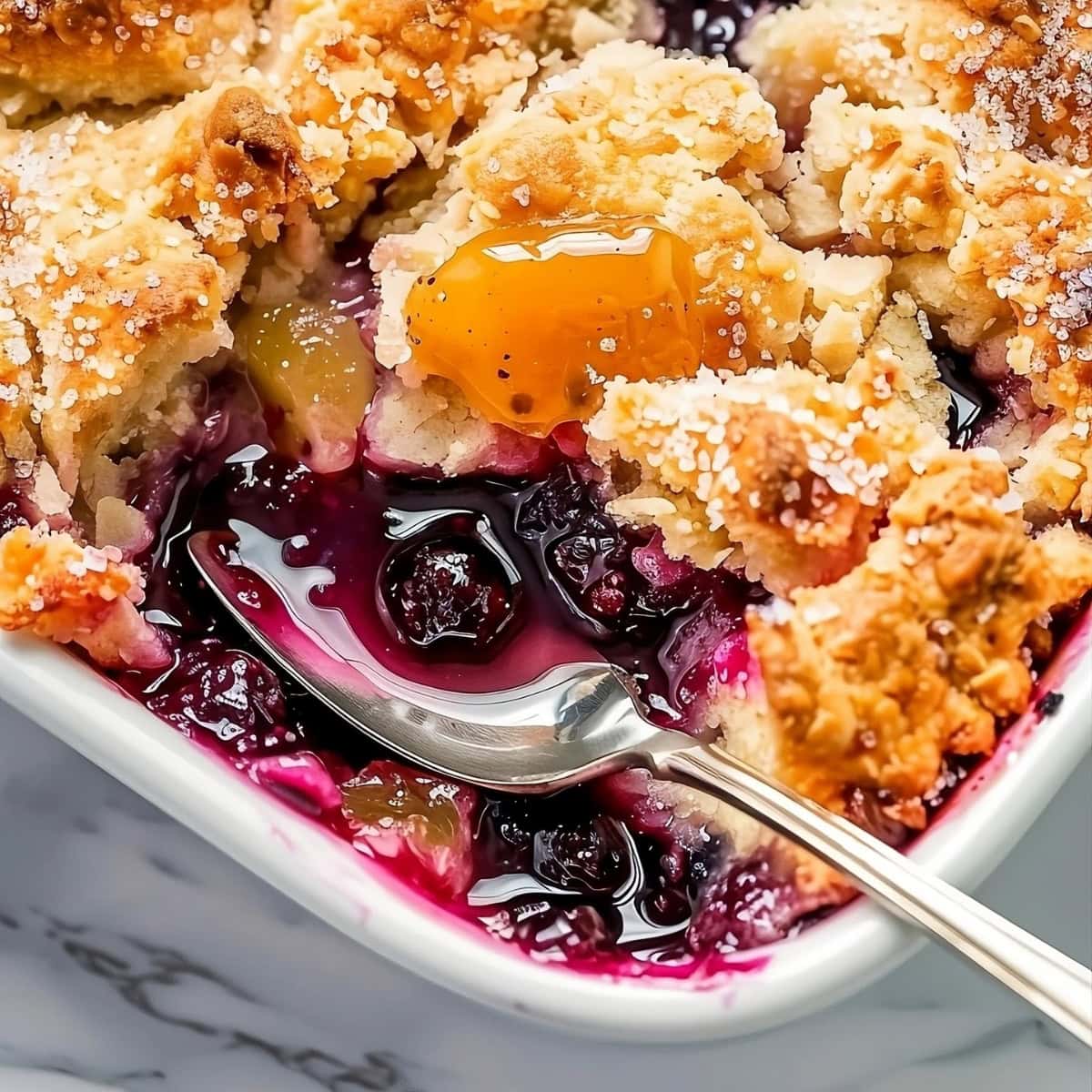 Blueberry and peach cobbler in a baking dish.