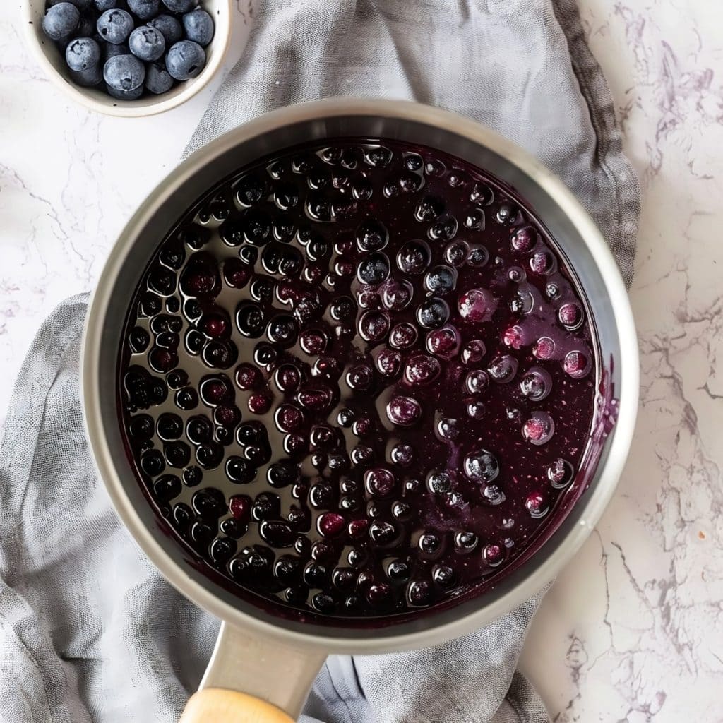Blueberry syrup in a saucepan with fresh berries on the side