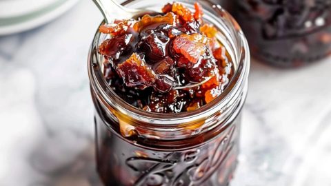 Bourbon bacon jam in mason jar scooped with a spoon.