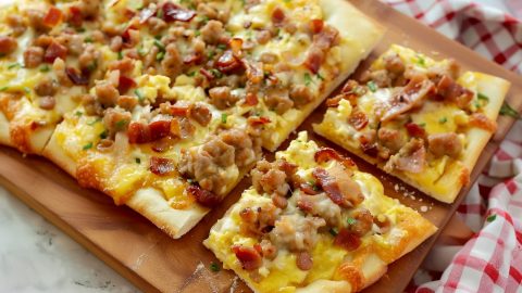Breakfast pizza with flaky crust and loaded with sausages, scrambled eggs, onions, bacon and cheese