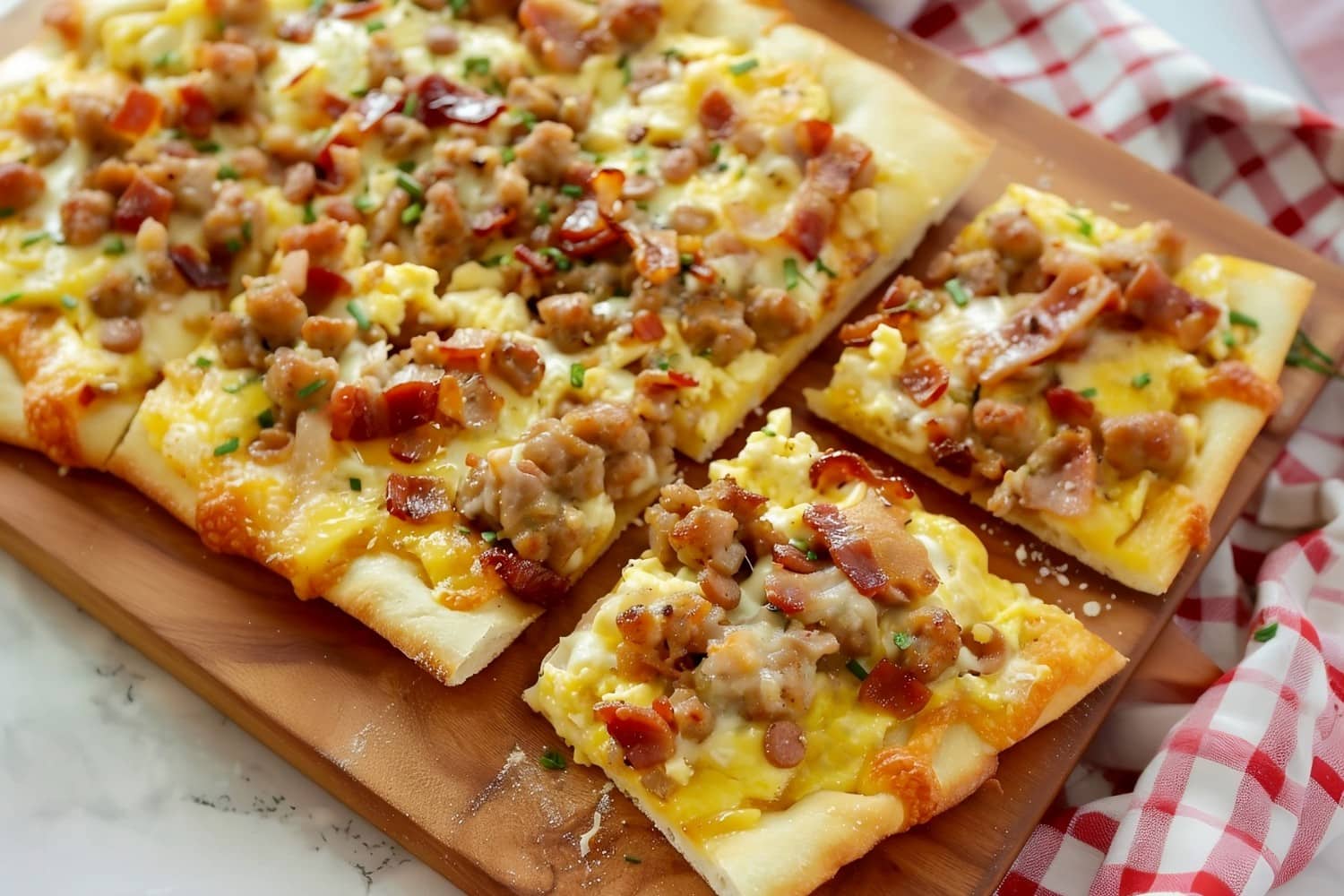 Breakfast pizza with flaky crust and loaded with sausages, scrambled eggs, onions, bacon and cheese