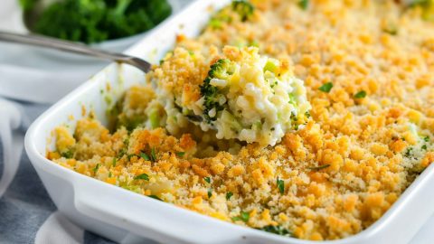 Homemade broccoli rice casserole, sprinkled with breadcrumbs for a crispy finish
