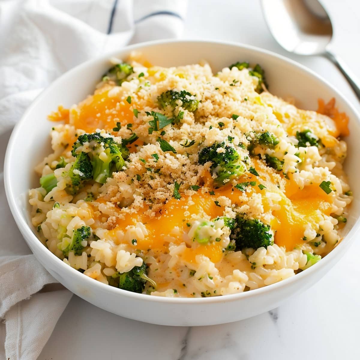 Delicious broccoli rice casserole served in a bowl, a comforting and nutritious side dish for any meal