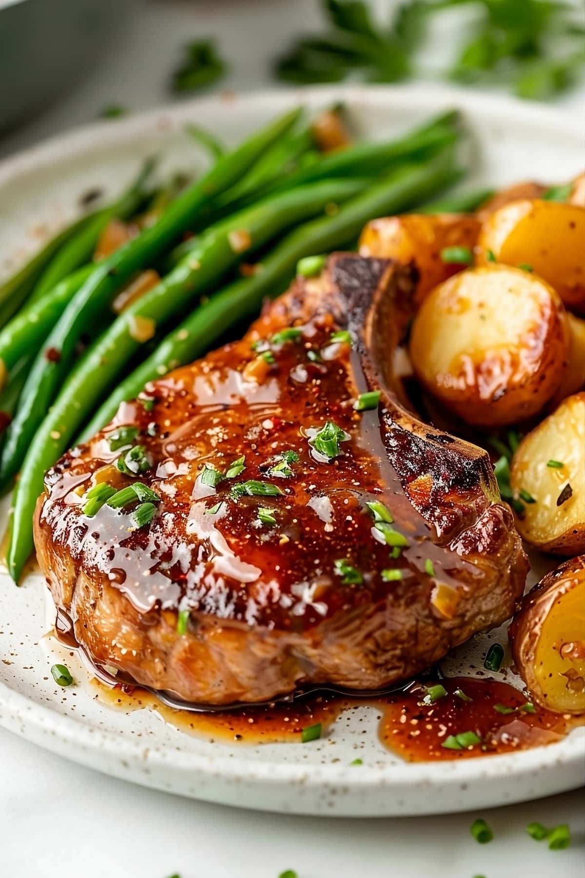 Pork chops with brown sugar sauce in a plate served with potatoes and green beans.