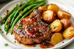 Pork chops in sugar glaze served in a plate with potatoes and green beans.