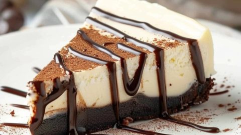 Slice of cheesecake with brownie bottom drizzled with chocolate syrup.