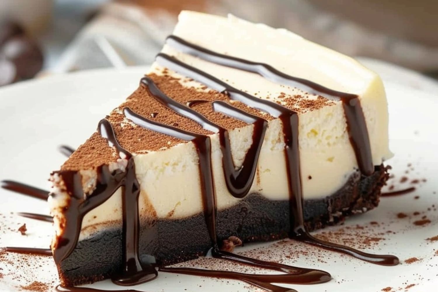Slice of cheesecake with brownie bottom drizzled with chocolate syrup.