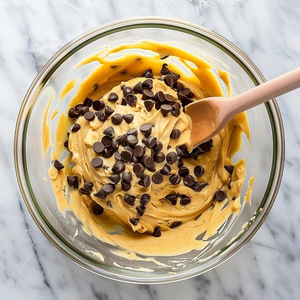 Cookie batter with chocolate chips in a glass bowl.