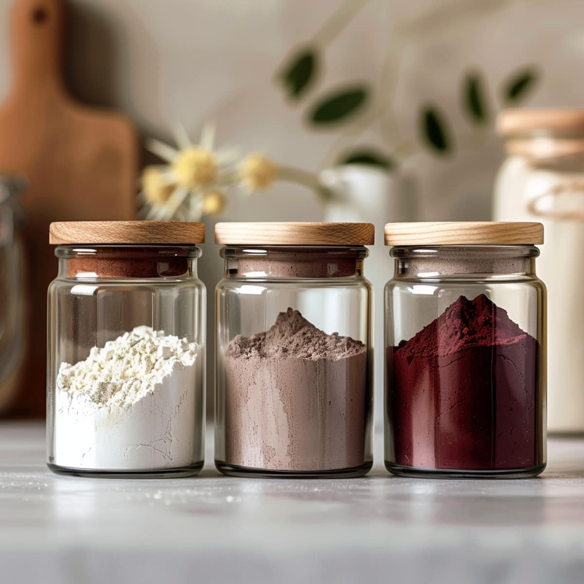 White, chocolate, and red velvet cake mixes in glass jars