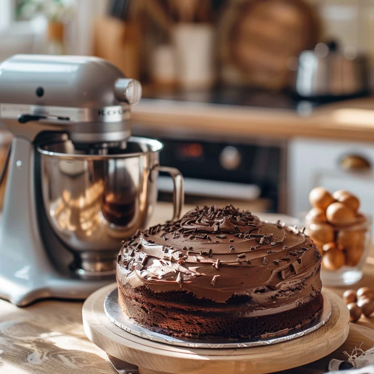 Cake mix Chocolate cake on a kitchen table with a stand mixer