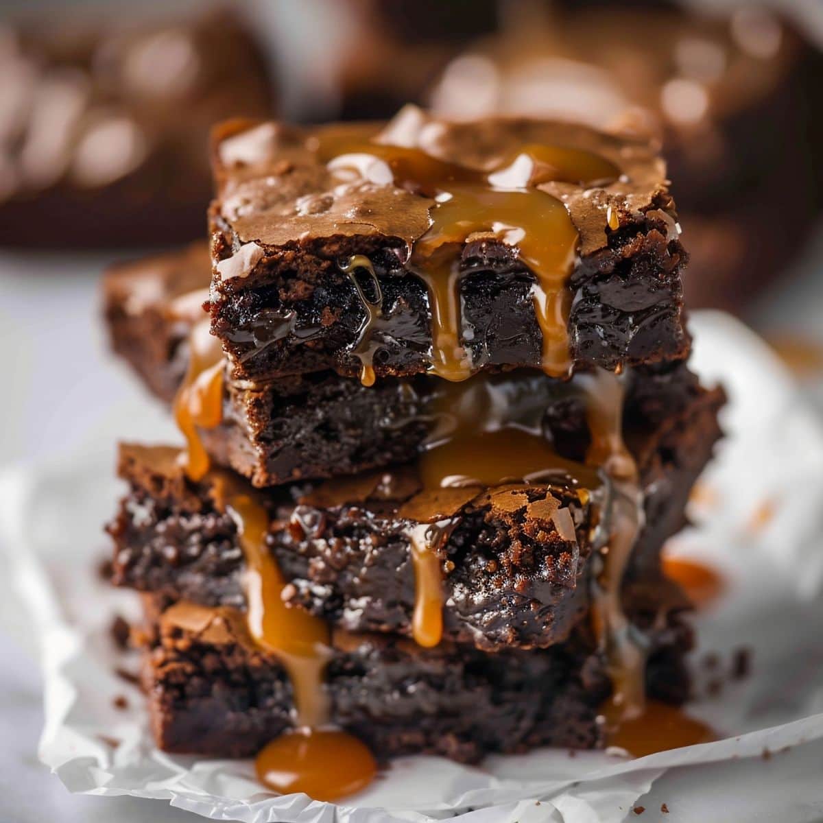 Stack of Caramel Brownies with Caramel Syrup on top
