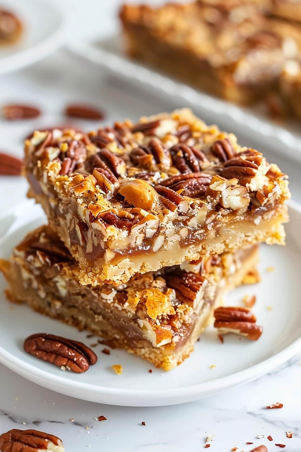 Two square slices of caramel pecan dream bars on a white plate.