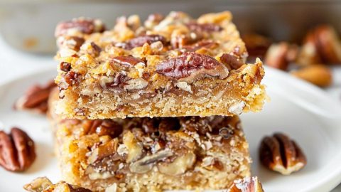 Caramel pecan bars slices stack on a white plate.