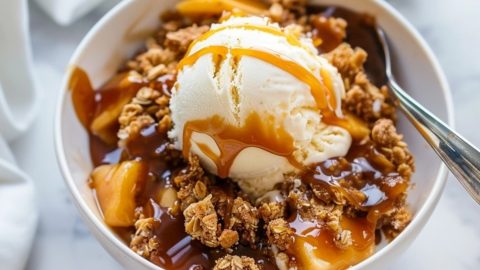 Caramel apple crisp in a white bowl with scoop of vanilla icing and a piece of fork on the side.