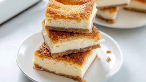 Stack of square slices of cheesecake crescent rolls in a white plate.