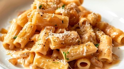 Cheesy French onion pasta with grated cheese and caramelized onion in a white plate.