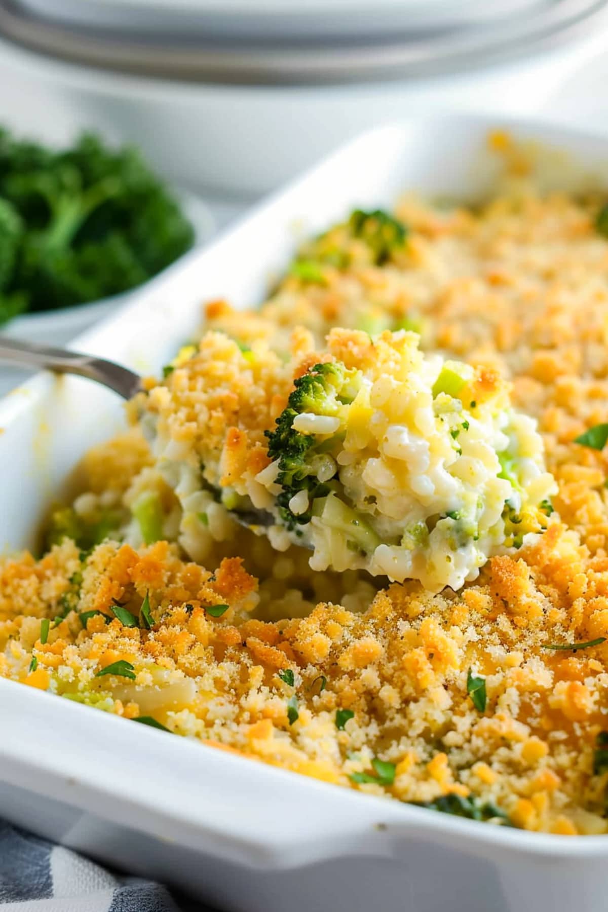 A hearty serving of broccoli rice casserole, featuring a cheesy and crumbly topping