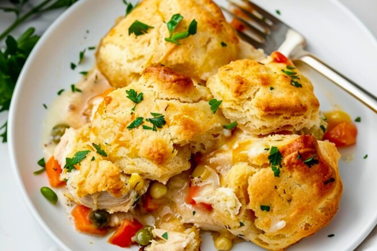 Serving of chicken and biscuit casserole in a white plate with fork in the side.