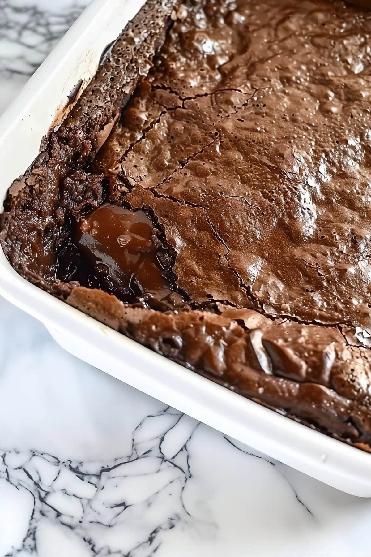 Baking dish with chocolate cobbler.