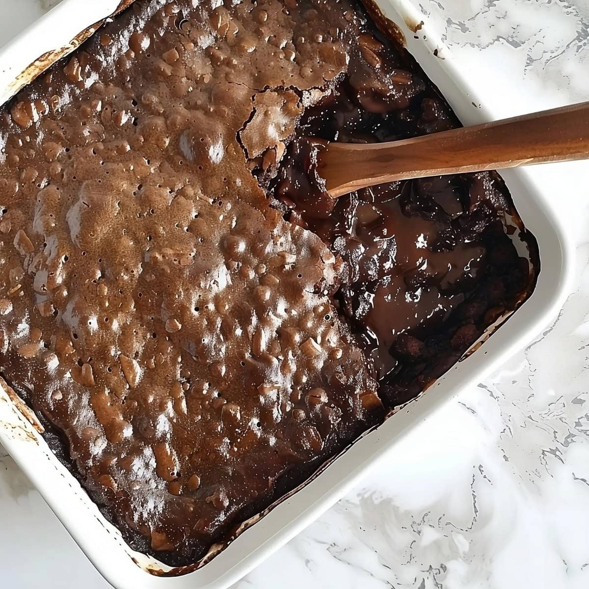 Chocolate cobbler in a square baking dish on a white marble table.