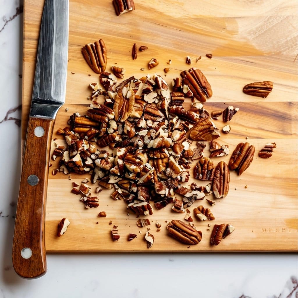 a wooden cutting board with pecans and a knife