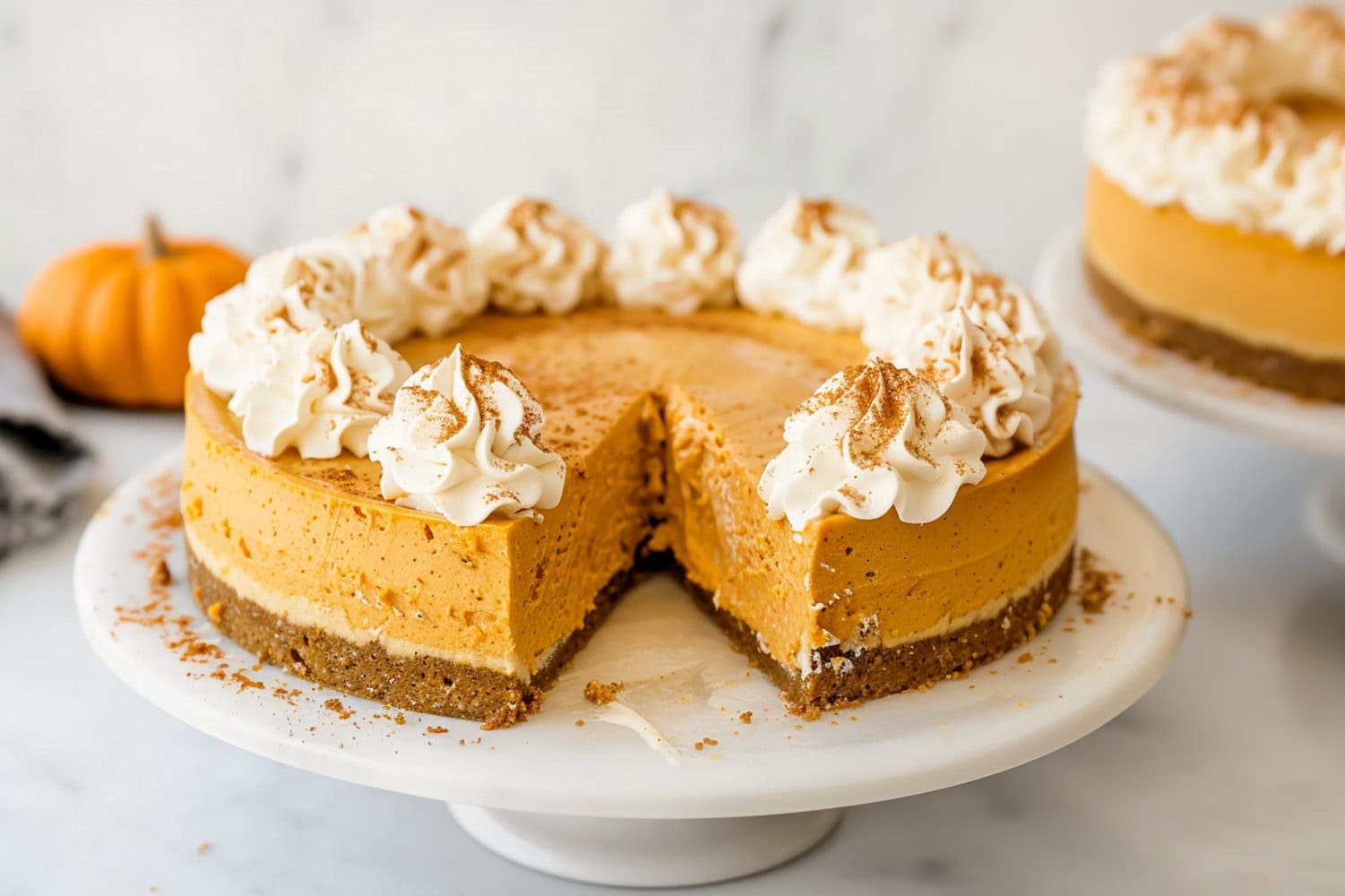 Mouthwatering no-bake pumpkin cheesecake, with layers of creamy pumpkin filling and a crunchy crust