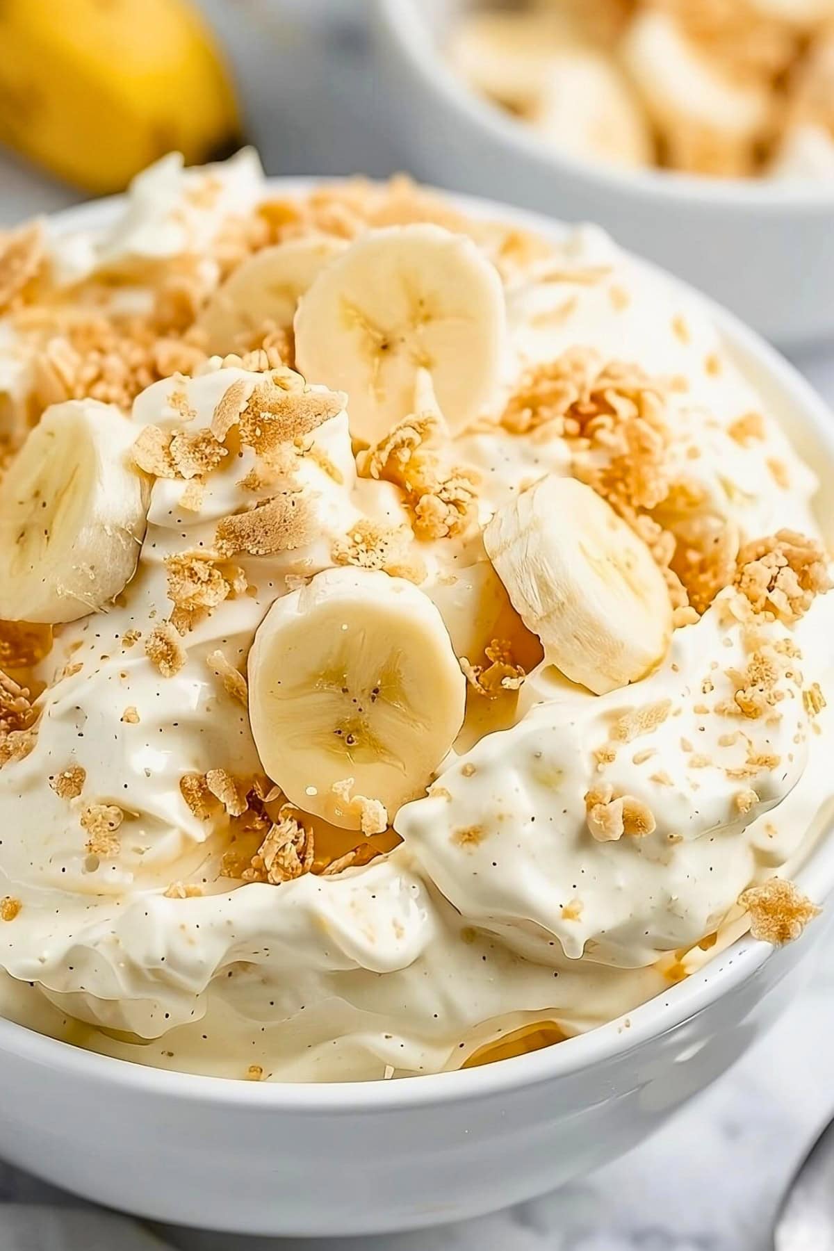Close-up view of a bowl of banana pudding fluff.