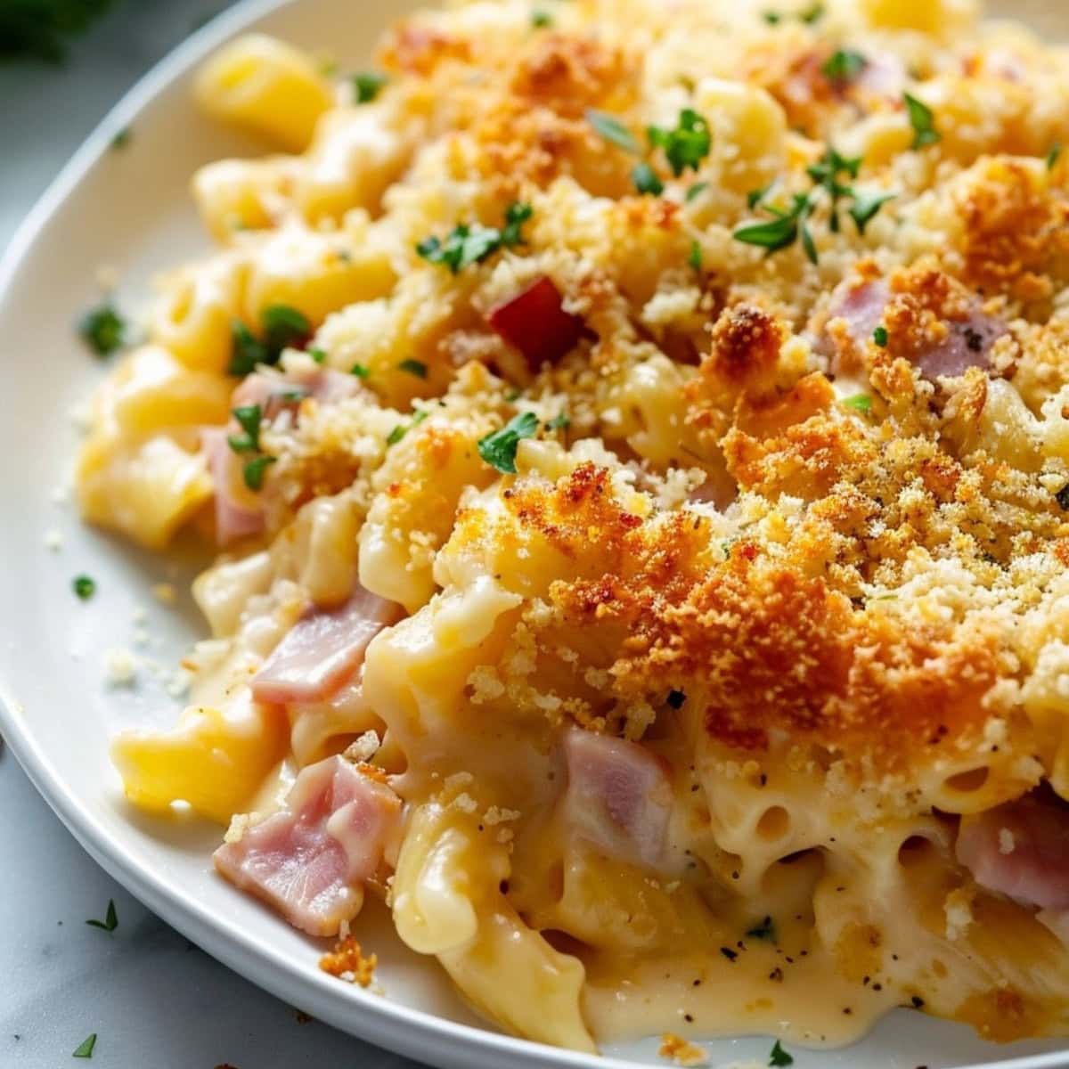 Ham and cheese casserole topped with bread crumbs served in plate.