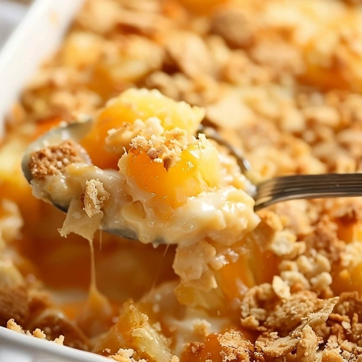 Spoonful of pineapple cheese casserole from a baking dish.