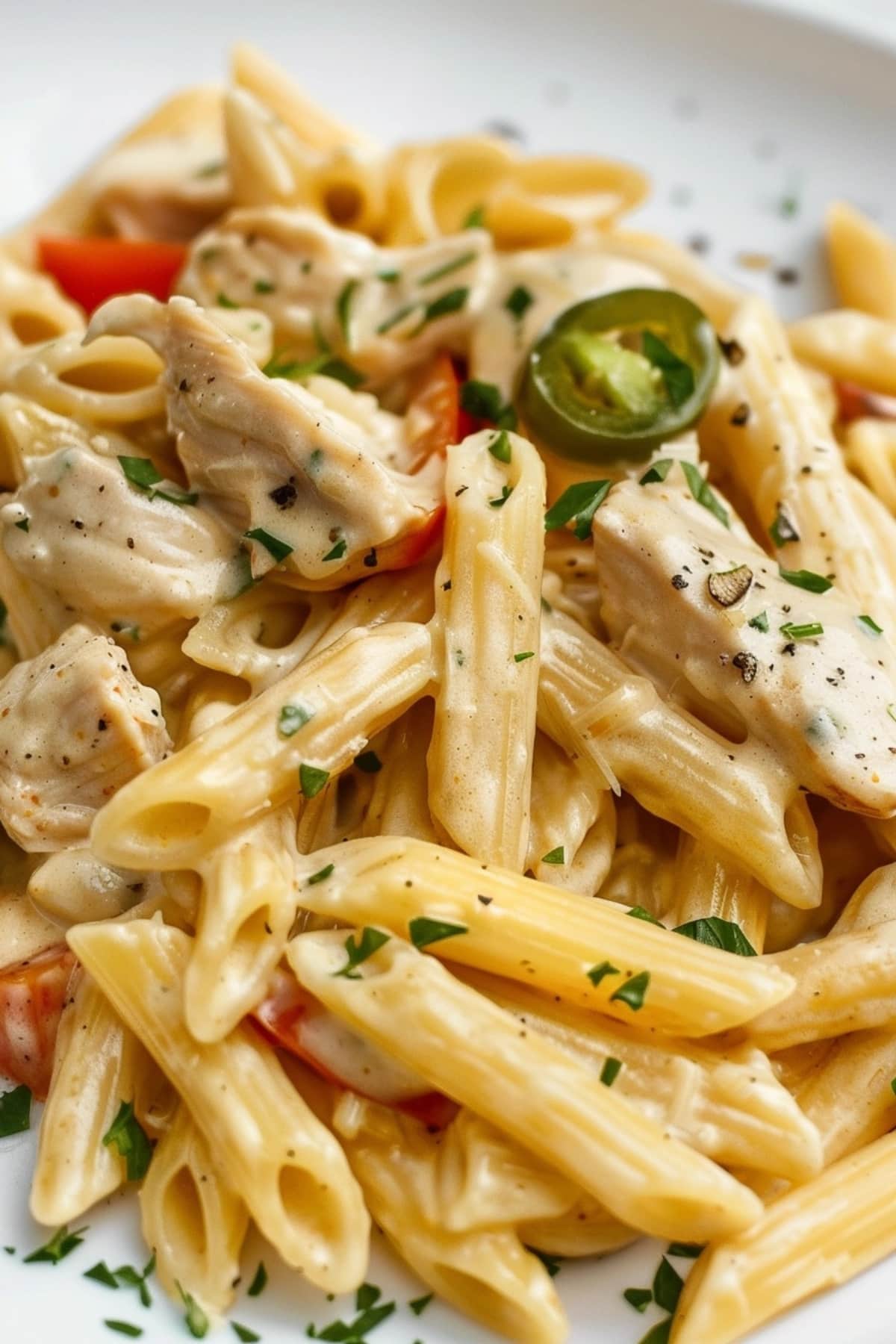 Creamy rattlesnake pasta with chicken, jalapenos, bell pepper and chicken.