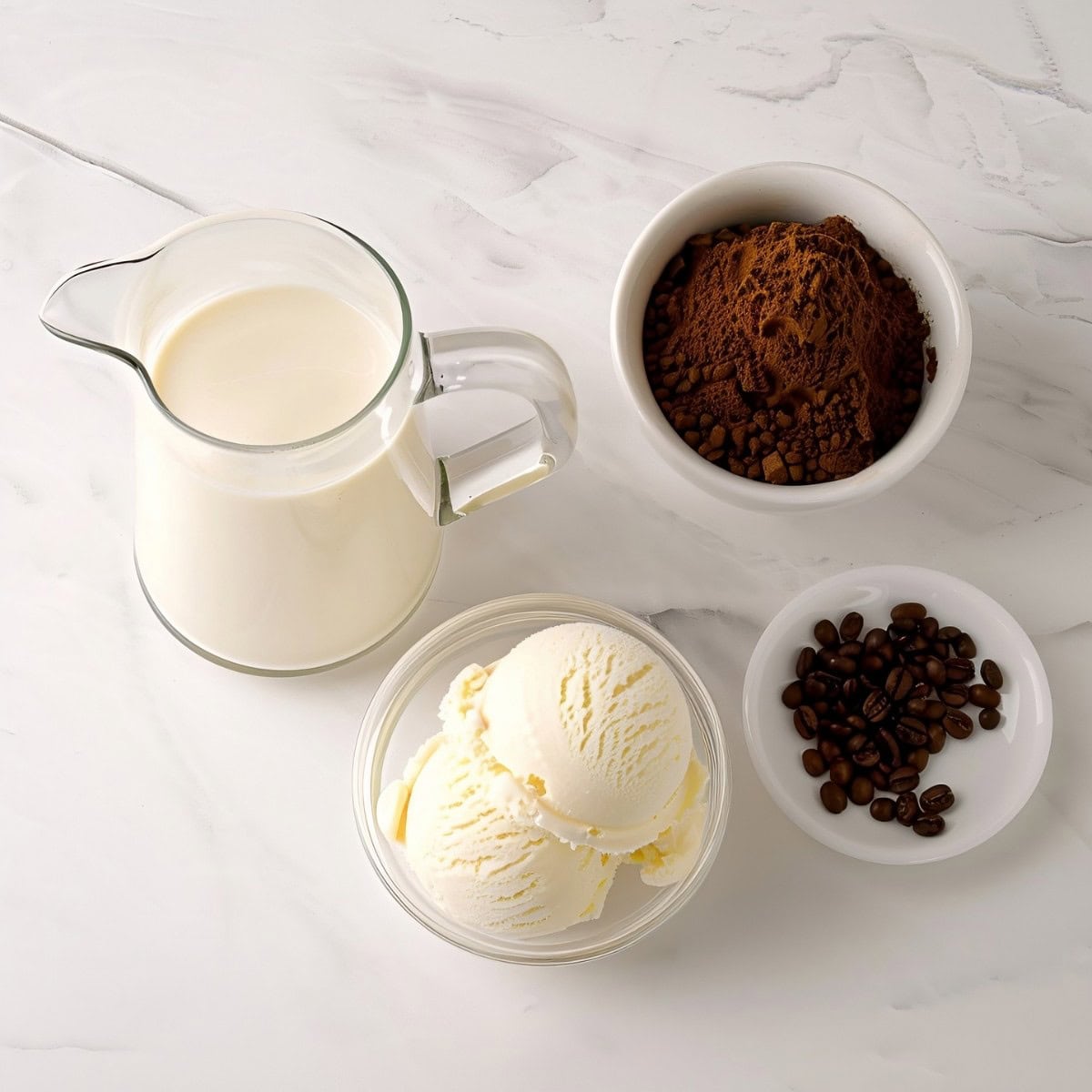 Ingredients for Coffee Milkshake: milk, coffee granules and ice cream