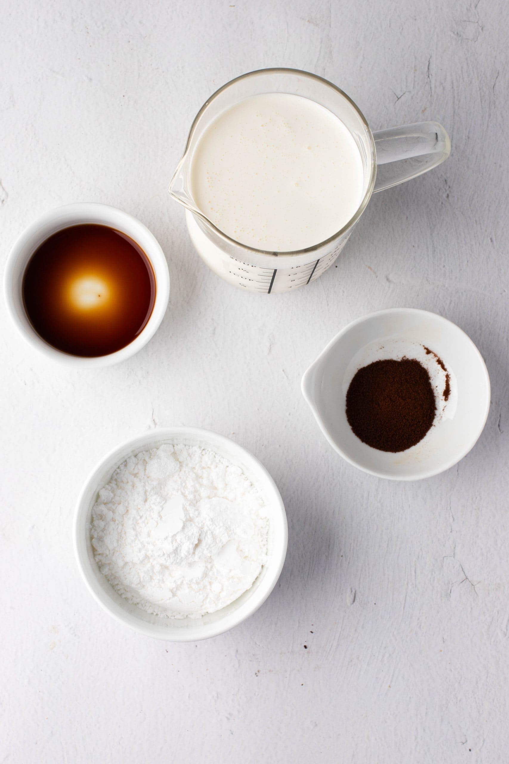 Ingredients for Coffee Whipped Cream - heavy whipping cream, powdered sugar, instant espresso powder, vanilla extract