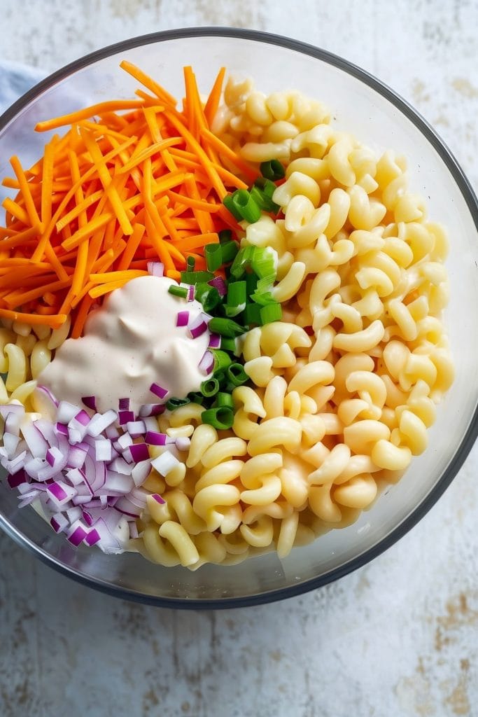 Hawaiian Macaroni Salad Ingredients - Carrots, Mayo, Red Onions, Green Onions and Elbow Macaroni