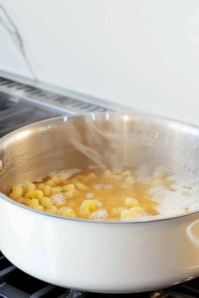 Homemade cooked macaroni on a boiling water in a large pot