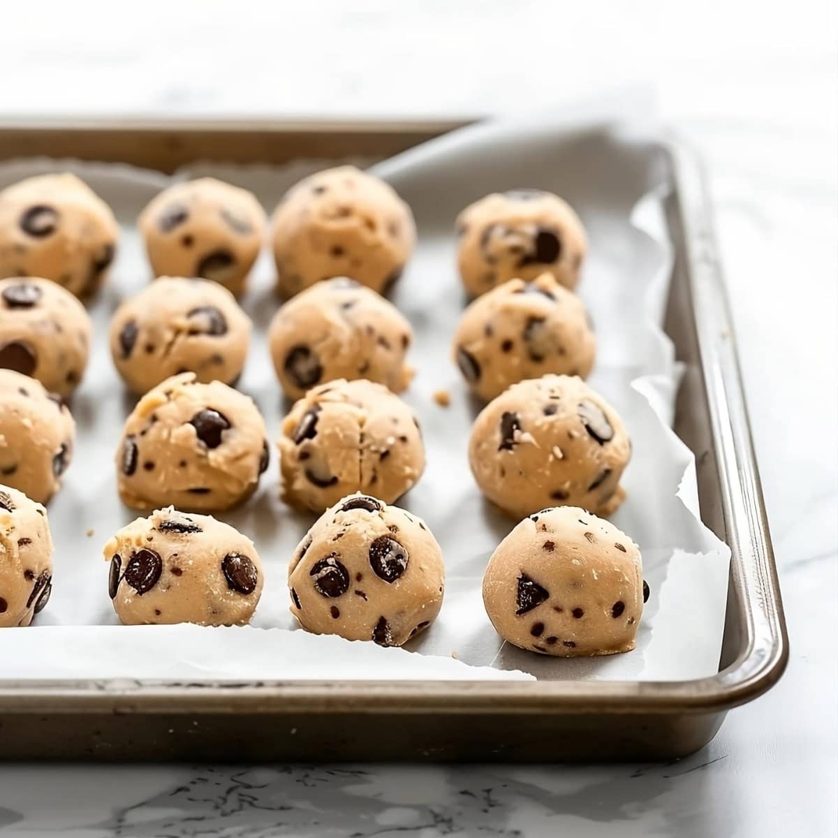 Edible cookie dough balls in a baking sheet with parchment paper.
