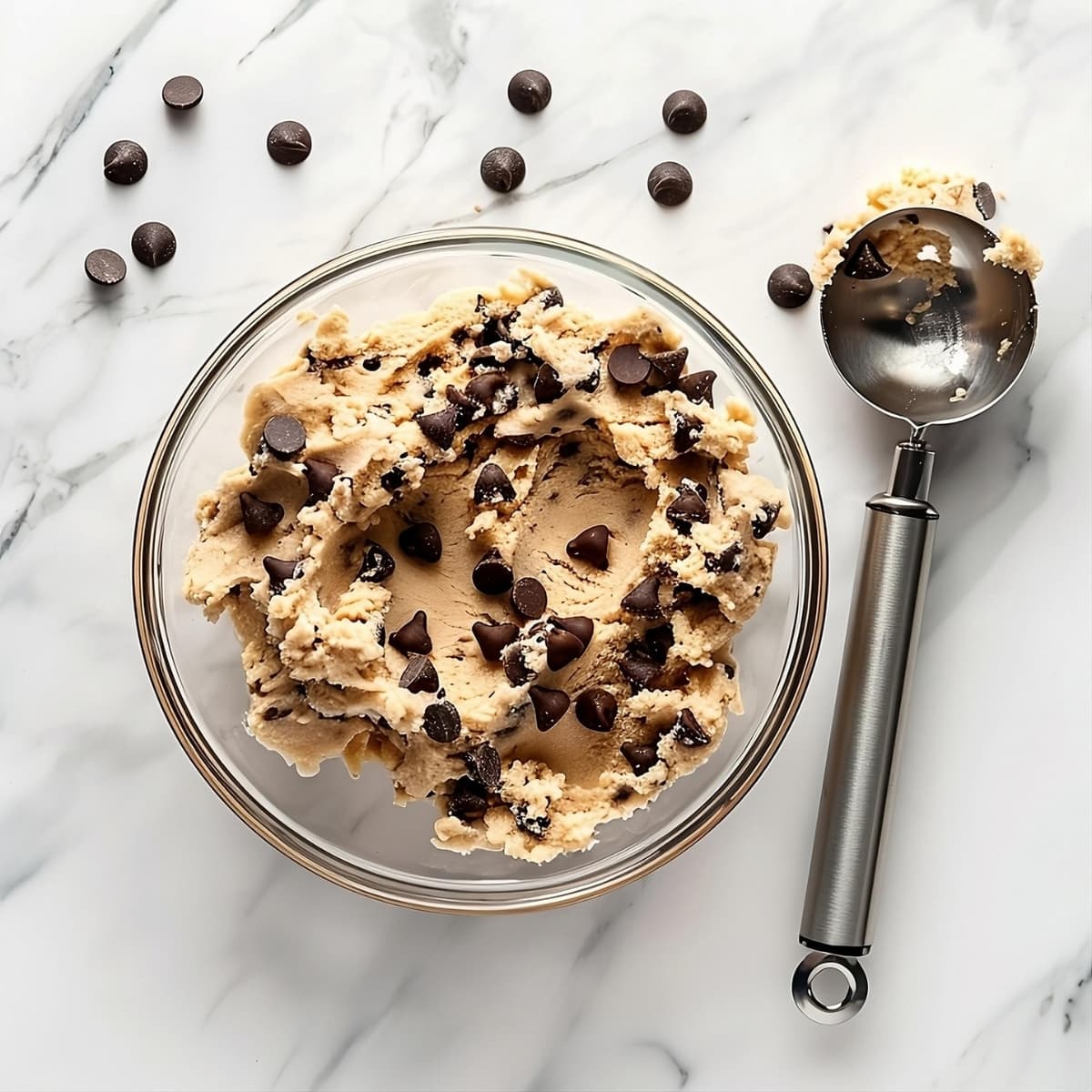 Edible cookie dough with chocolate chips in a glass bowl and an ice cream scoop on the side.