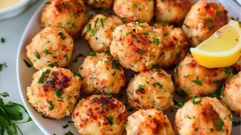 Crab balls garnished with chopped parsley served in white plate.