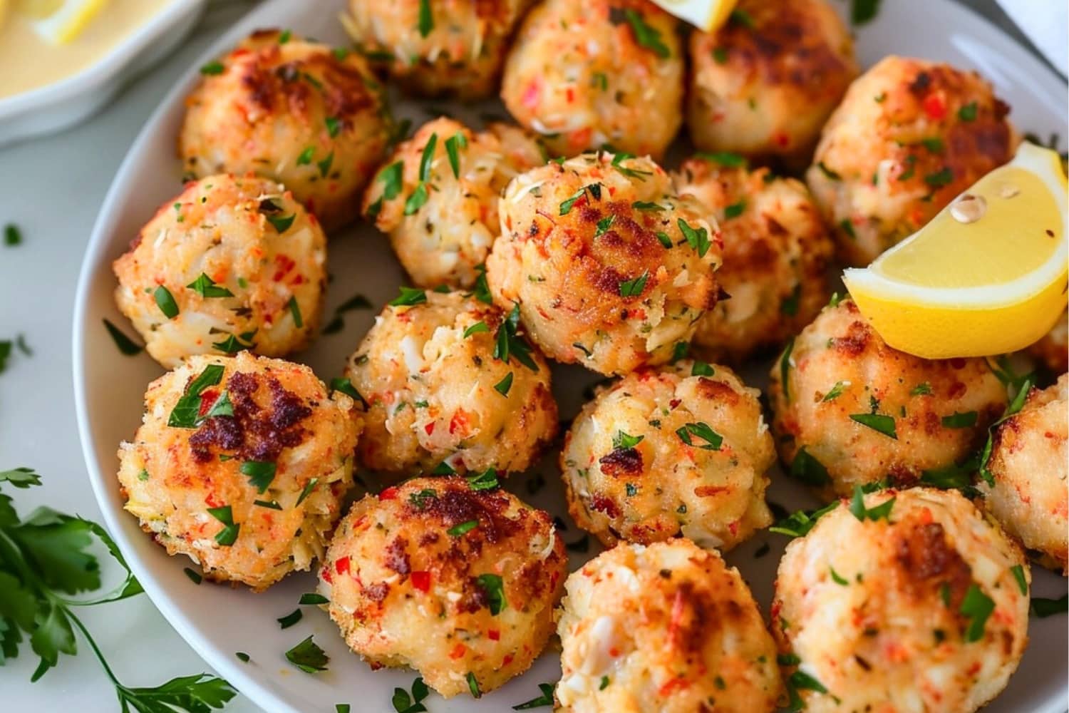 Crab balls garnished with chopped parsley served in white plate.