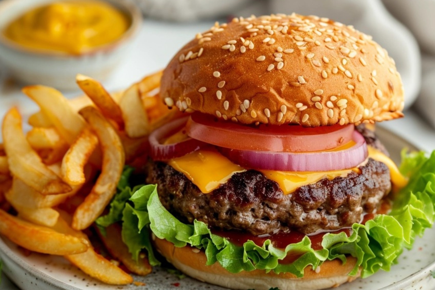 Crack burgers served with fries, with thick patty, tomatoes, onions, lettuce and cheese filling.
