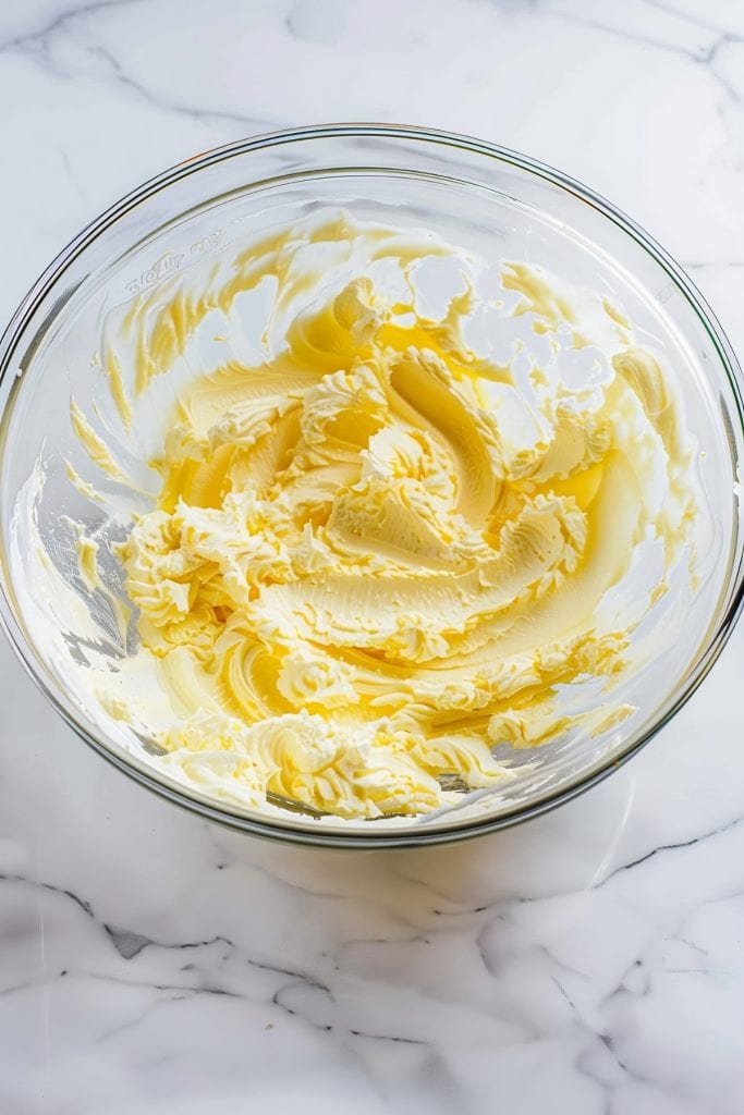 Making lemon cream cheese frosting in a glass bowl on a white marble table