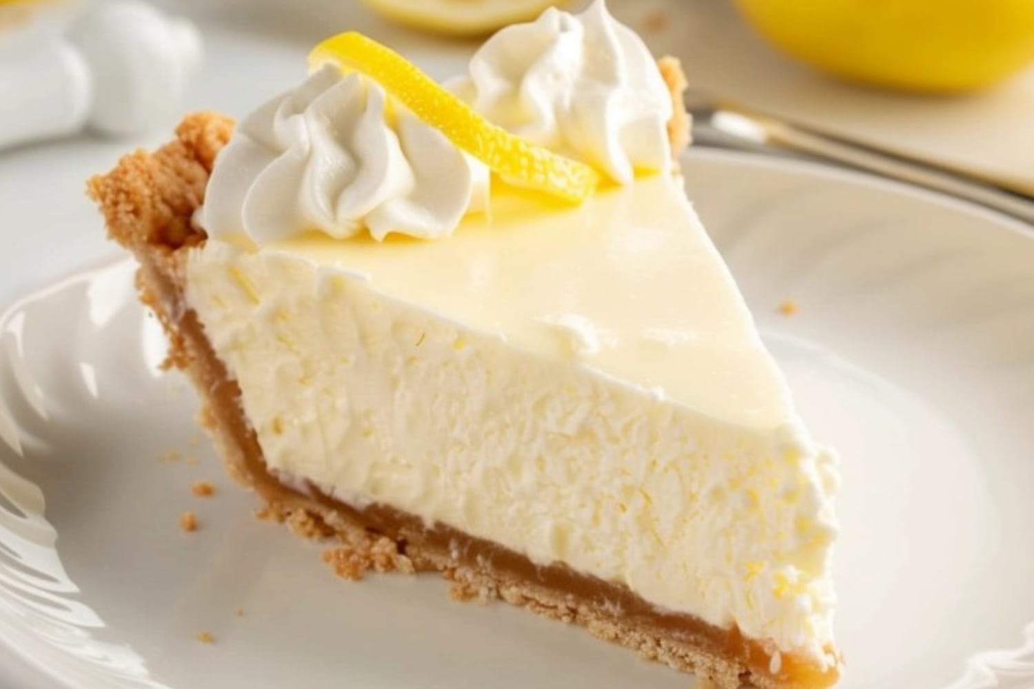 Slice of creamy cream cheese lemonade pie in a white plate.