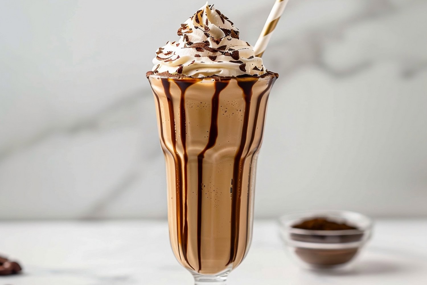Homemade rich and creamy coffee milkshake with a hint of chocolate, topped with whipped cream