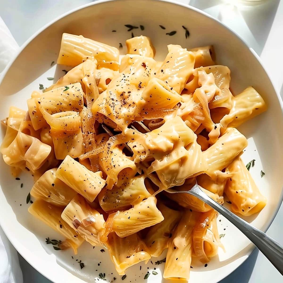 
A serving of creamy French onion pasta in a plate.