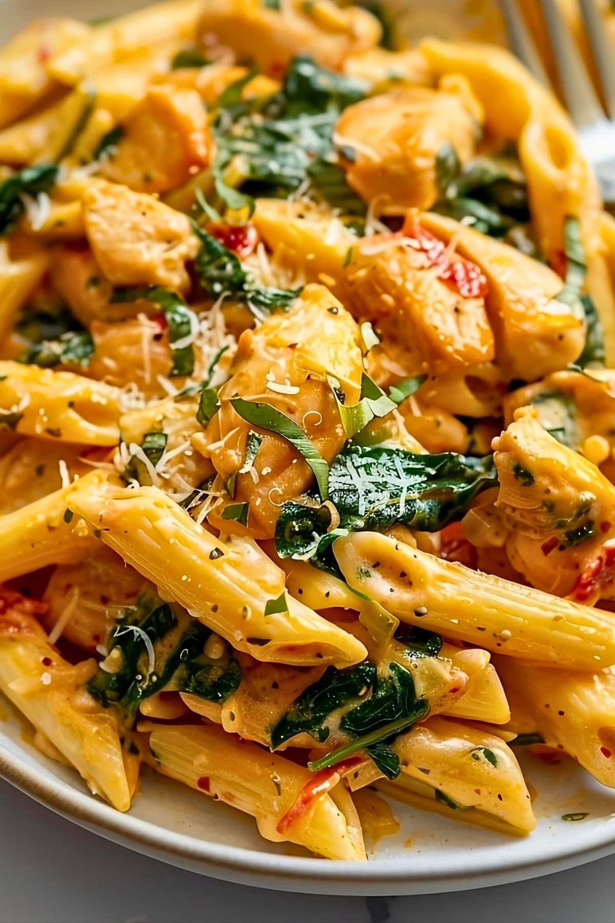 Cheesy and creamy serving of Tuscan chicken pasta with spinach.