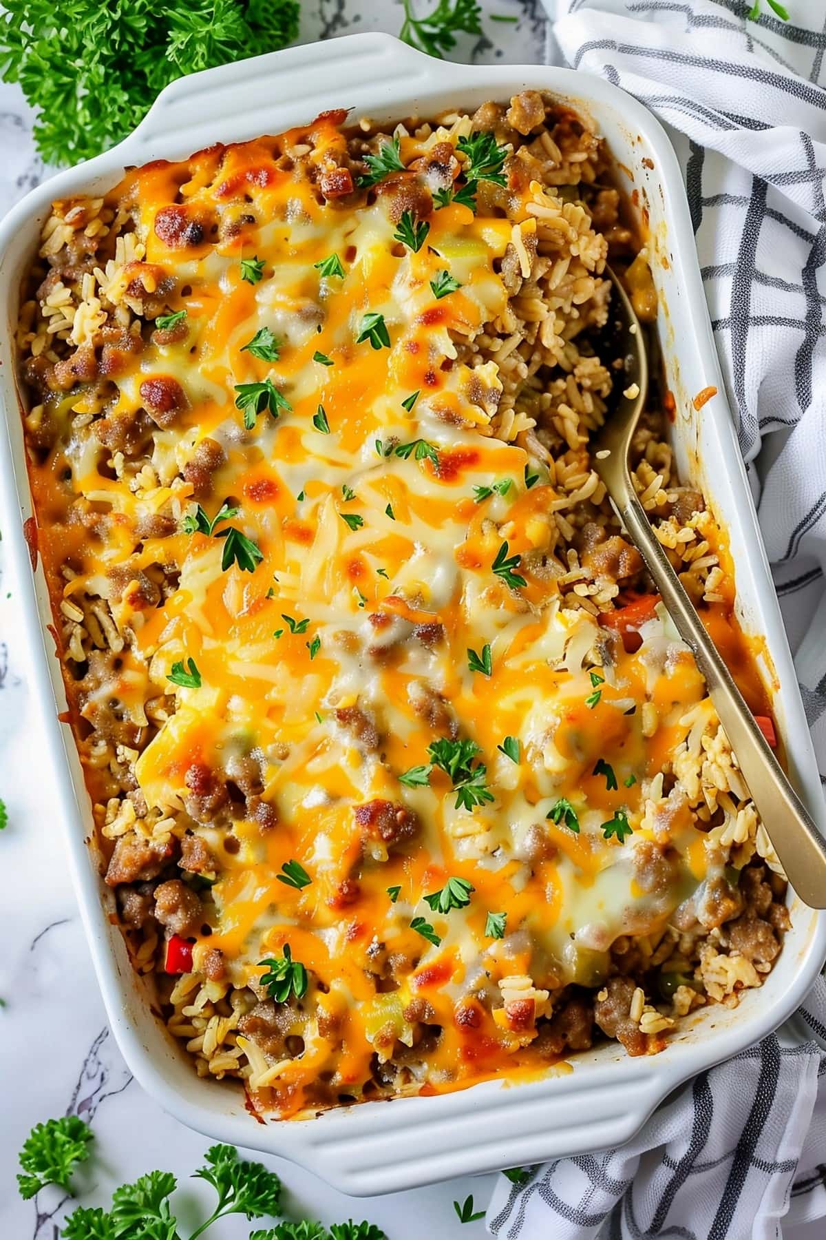 Savory homemade sausage and rice casserole with colorful vegetables